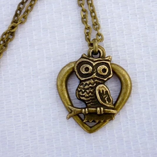 Hoo Loves You - Owl and Heart Necklace in Antique Brass