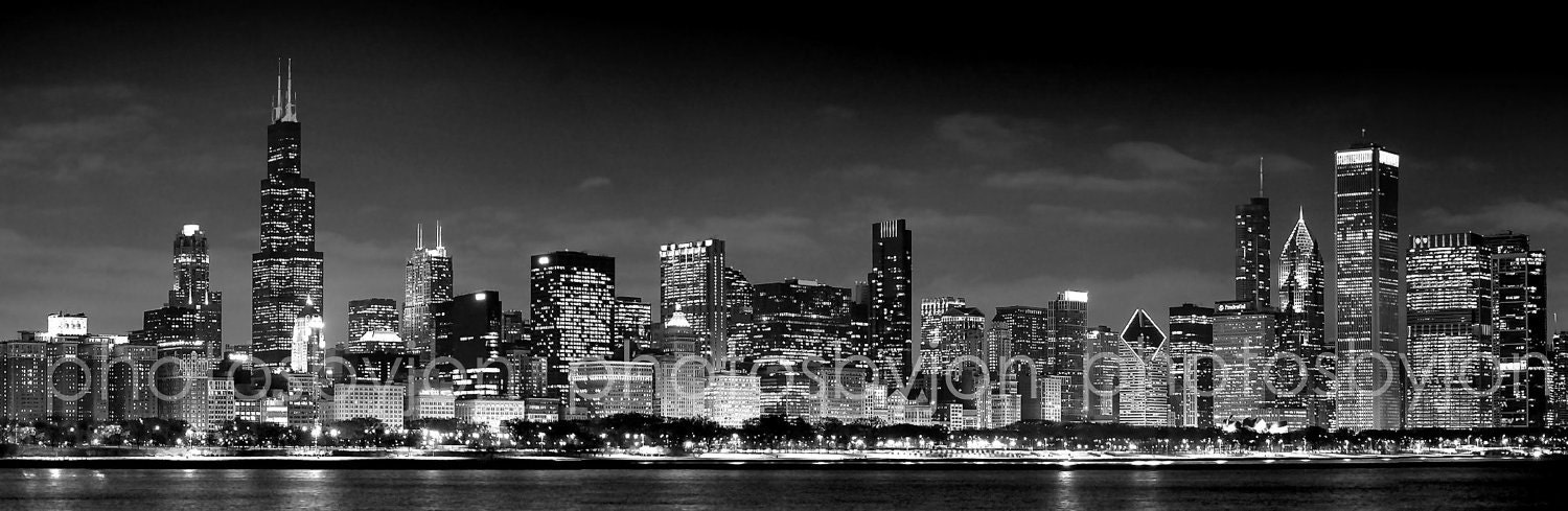 Chicago Skyline at NIGHT Black & White BW 2012 - 20 x 60 Signed by Artist Panoramic Print - Panorama Photo