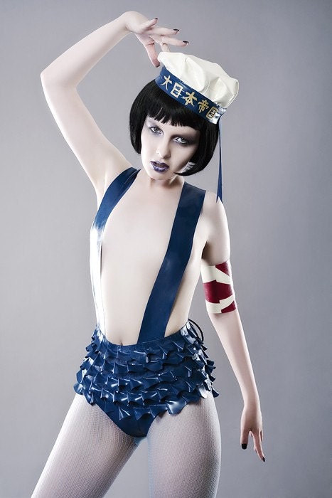 Latex Rubber Frilly Knickeres with braces ('Girls Navy')