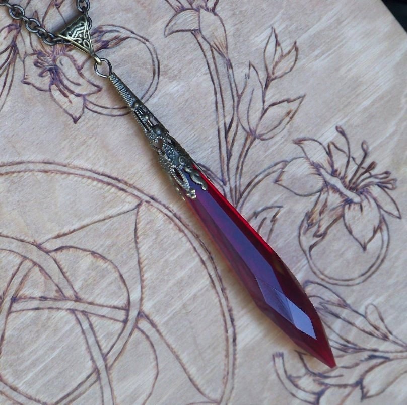VAMP Witch's Wand Divination Power Point Pendulum Necklace - Extra Long 3.75" Deep Blood Red Faceted Crystal, Bronze Filigree Cap, 30"