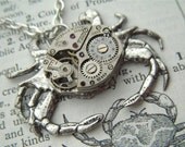 Steampunk Necklace Silver Crab Vintage Watch Movement Gothic Victorian Jewelry Rustic Primitive Antiqued Finish Gifts For Her