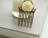 A Vintage Style Cream Ivory Rose Flower Art Nouveau Antiqued Bronze Filigree Hair Comb. Summer. Maid of Honor. Bridesmaids Gifts. Romantic.