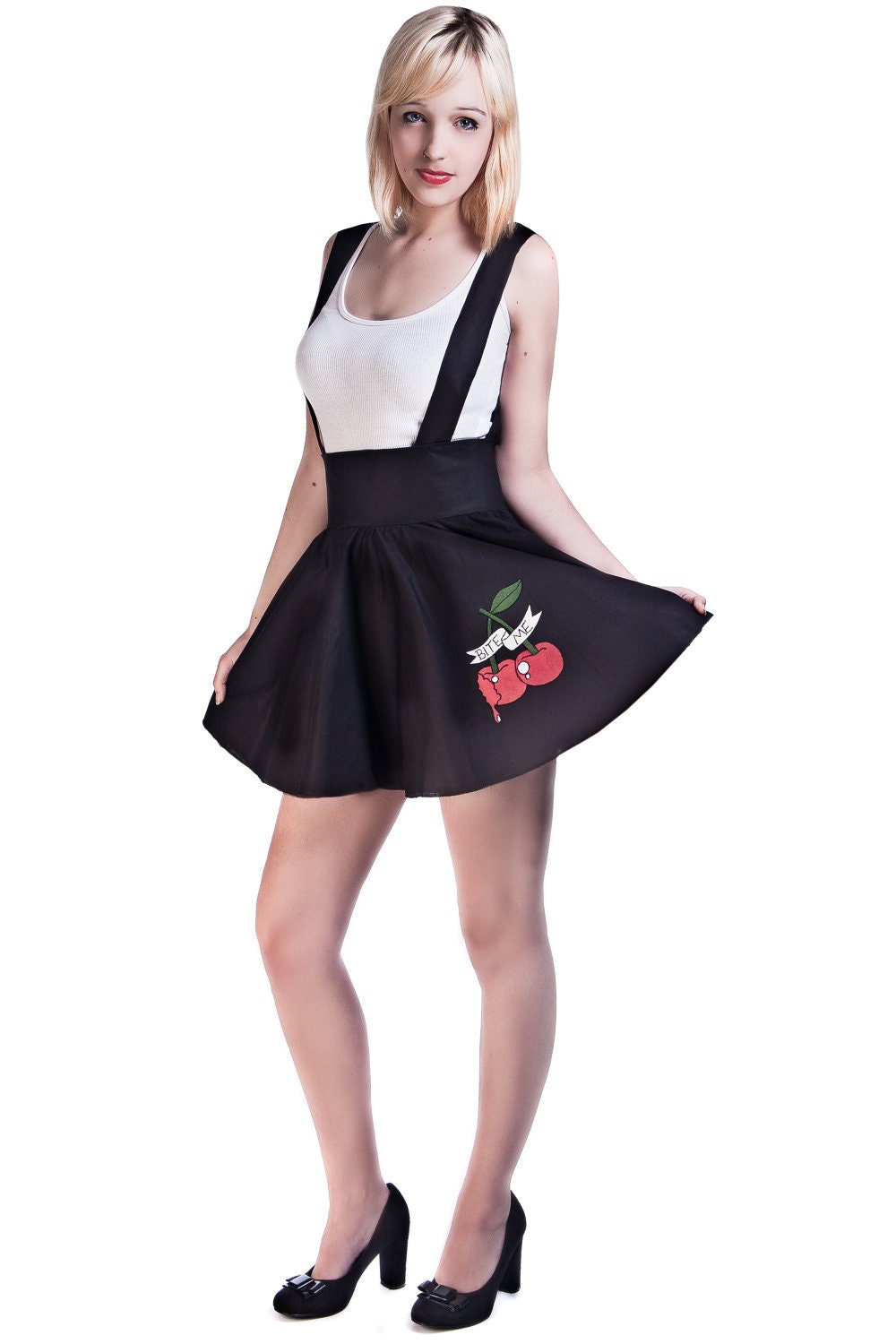 Rockabilly Style High Waisted Suspender Skirt with Cherry Tattoo - Made to Order - UK Size 6-16/US Size 2-12