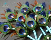 10 peacock boutineers groomsmen boutinneers lapel pins boutonniere brown copper royal blue feathers men accessories trendy esty