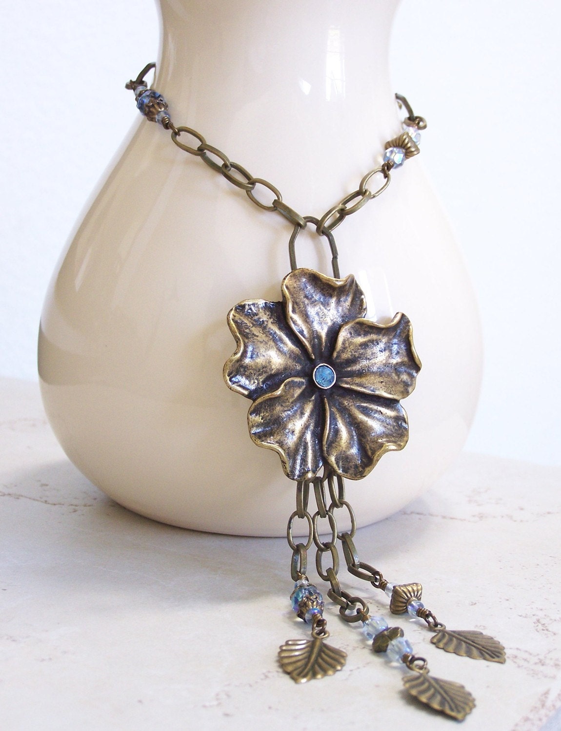 Handmade Jewelry Necklace Beaded Crystal Chain Ice Light Blue Antique Brass Long Flower Focal Pendant...Enchanted