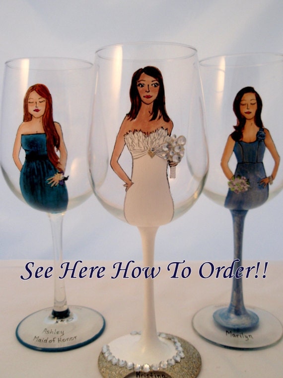 Painted Bridesmaid Gift, Bridal Party personalized Wine Glasses - Custom Caricatures Handpainted to their Likeness-