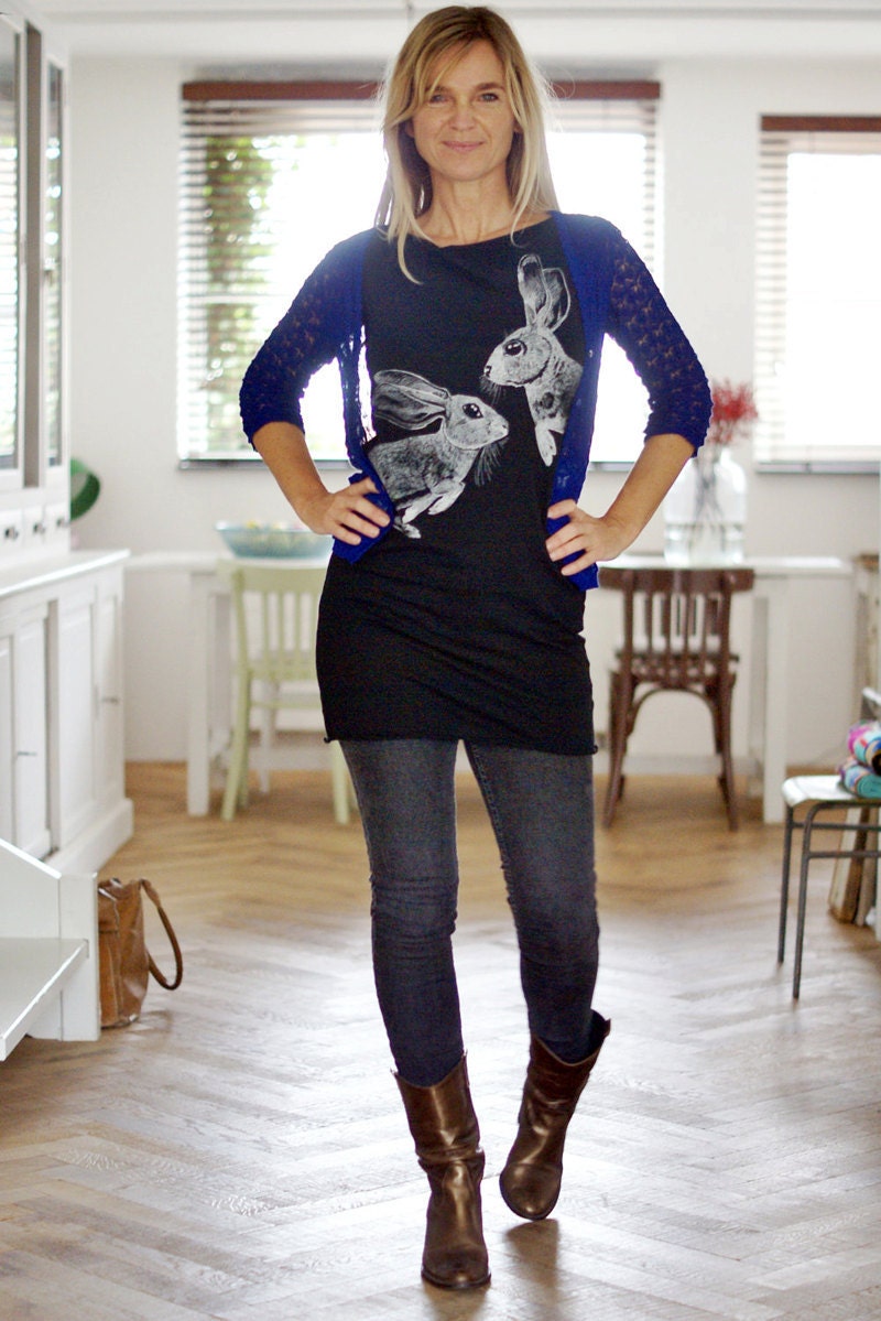 Cottontail Rabbit tshirt dress - eco-friendly silver ink screenprint on black cotton - womens sizes S, M, L