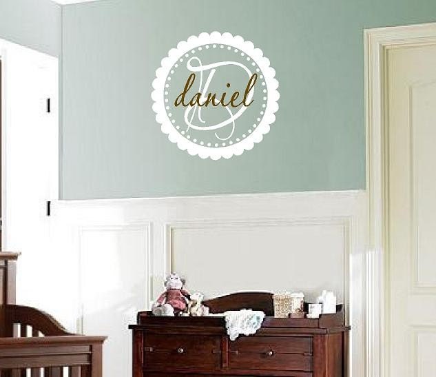 Circle Name Wall Decal with Initial and Scallop Polka Dot Frame Border - Boy or Girl Name Wall Decal 22" circle FN0017