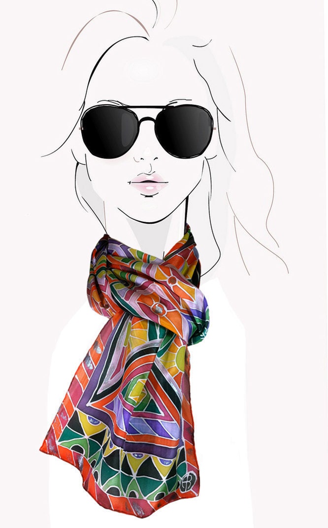 Electric Sunshine: Bright Multicolor Geometric, hand painted silk scarf