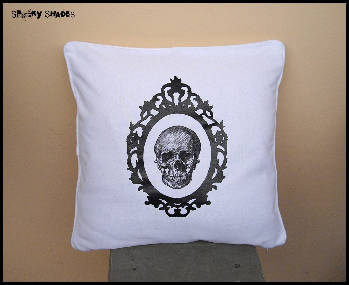 Baroque Skull black & white 16" x 16" throw pillow cover - anatomy skeleton, baroque frame, black and white, accent pillow