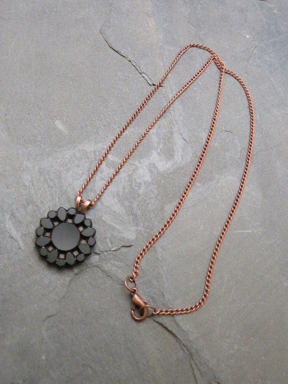 Mourning Jewelry Necklace Copper and Black Glass Antique Button