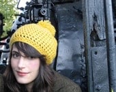 Yellow Slouchy Beret with Pom Pom