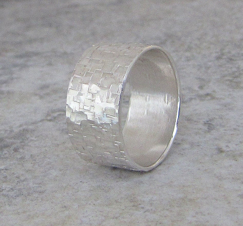 Hammered Wide Ring Mens Silver Ring Distressed Squares Wedding Band Wedding Ring