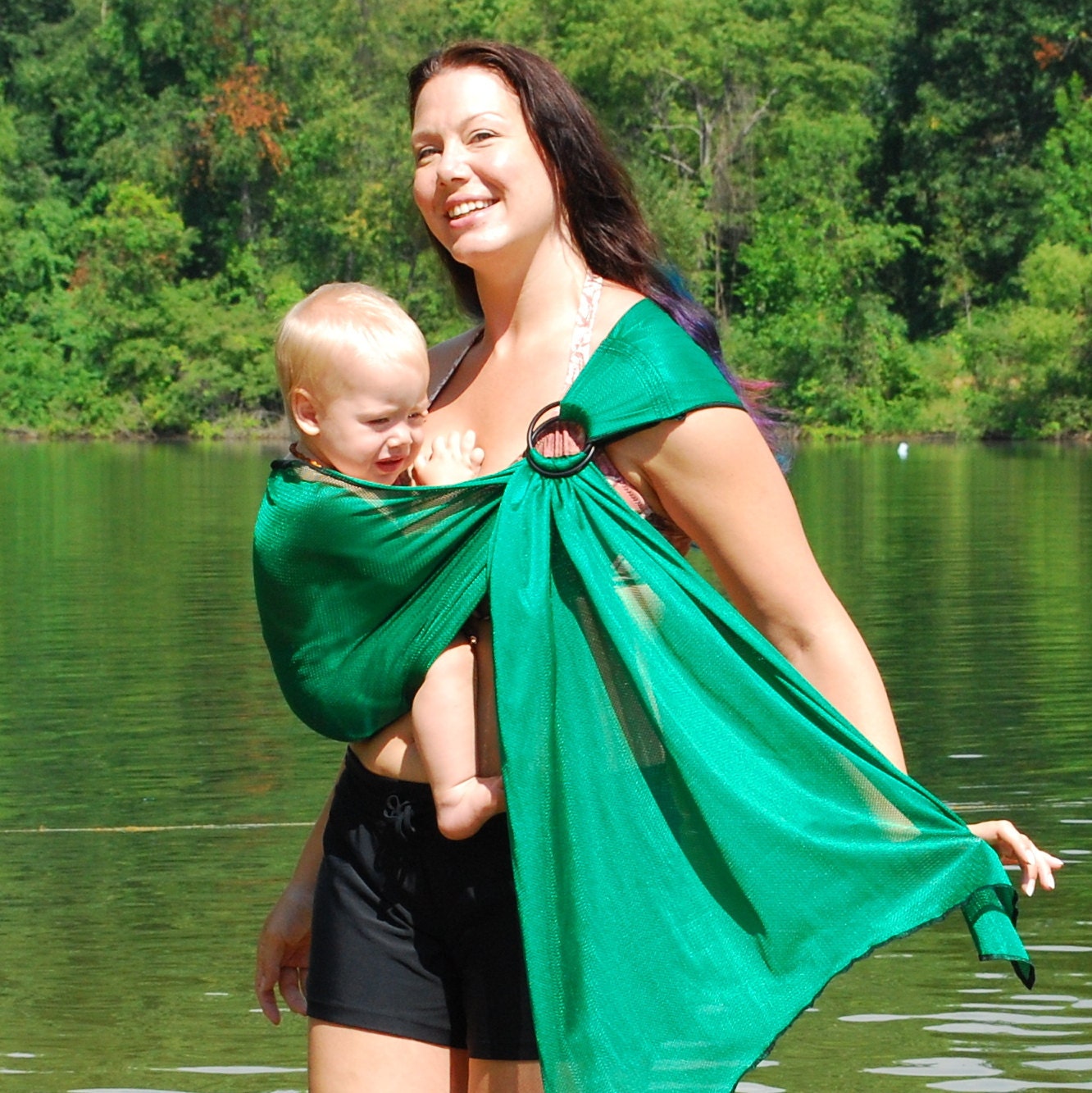 Baby Carrier Ring Sling Water Mesh Emerald Green for Pools, Beach Vacation, Shower - Ready to Ship in Tall or Petite Length