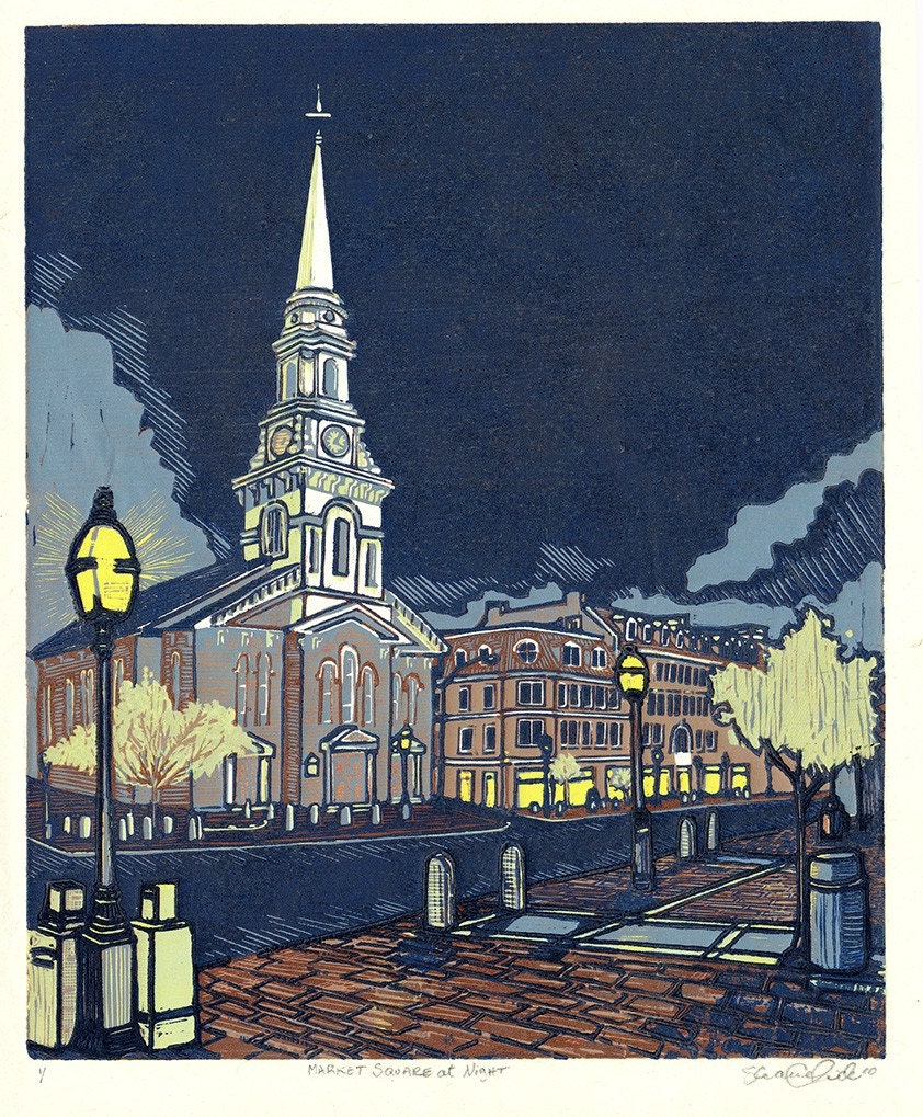 Market Square at Night (multi-color reduction woodcut)