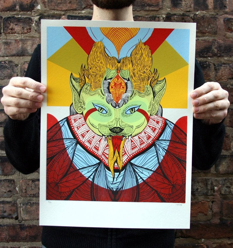 Beautiful, Bright and Colorful Deco Cat, Screenprint, Hand-Printed, Limited Ed.