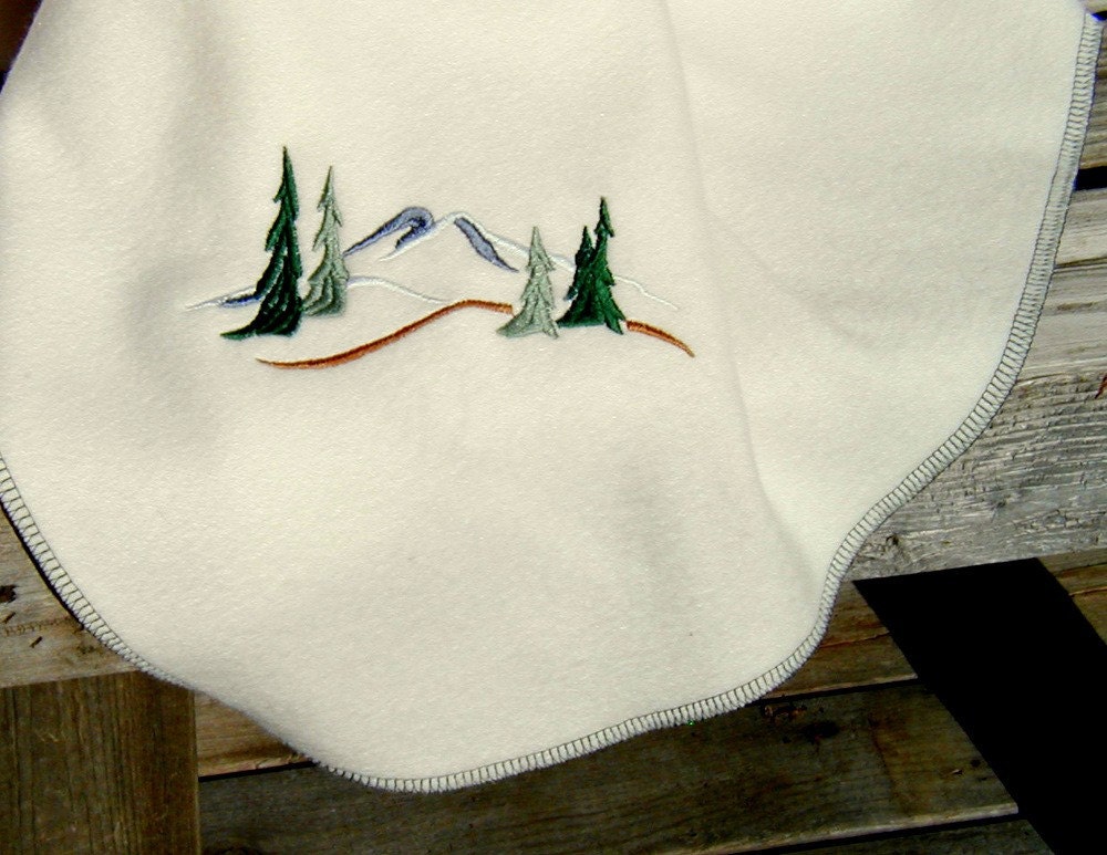 Mountains Pine Forest Embroidered Fleece Throw Woodland Cozy Trees Green Rustic Cabin Lodge Blanket