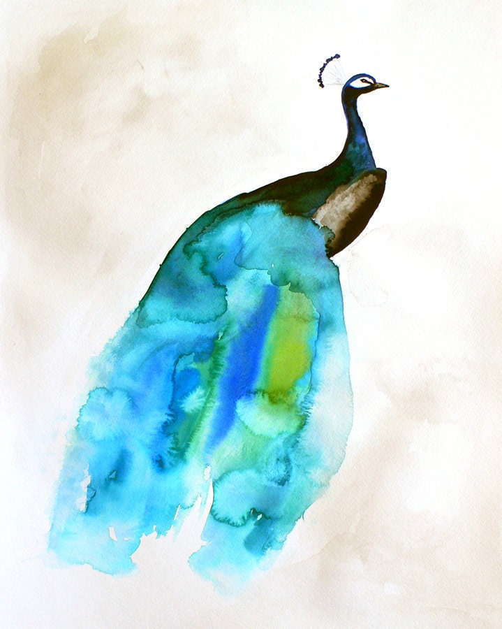 30% Off SALE - Peacock Painting - Feather - Bird Wall Art Watercolor - Peacock II - Large Print 16x20 - Poster