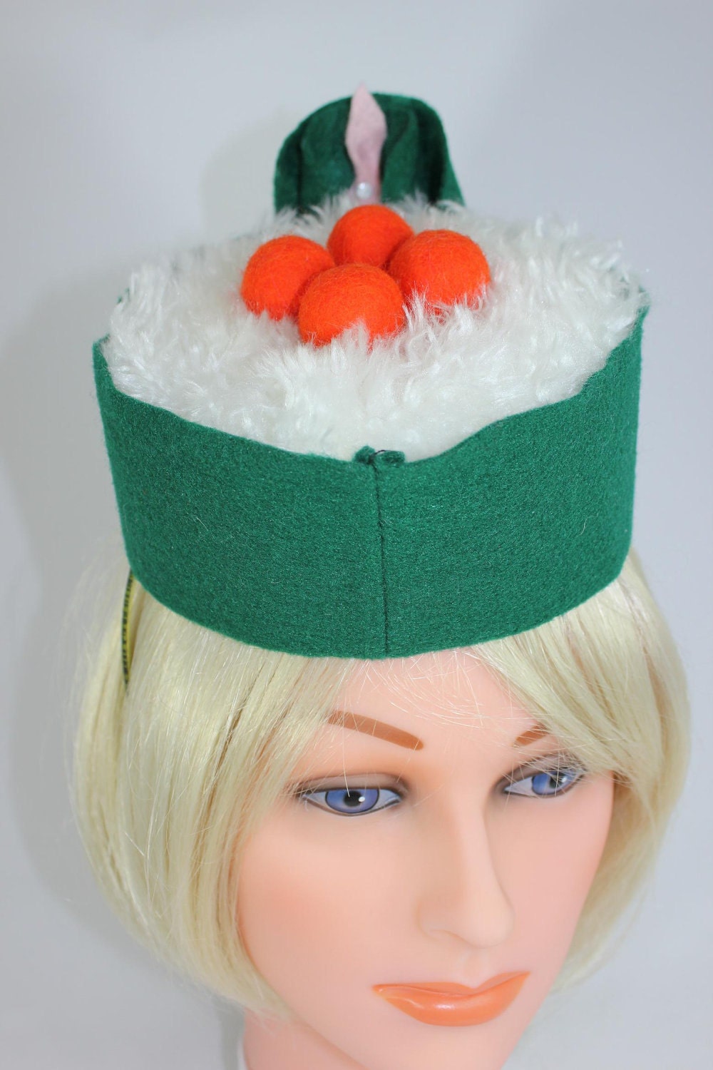 Roe, sushi, bento, inspired hat, green felt, orange wool, white faux fur