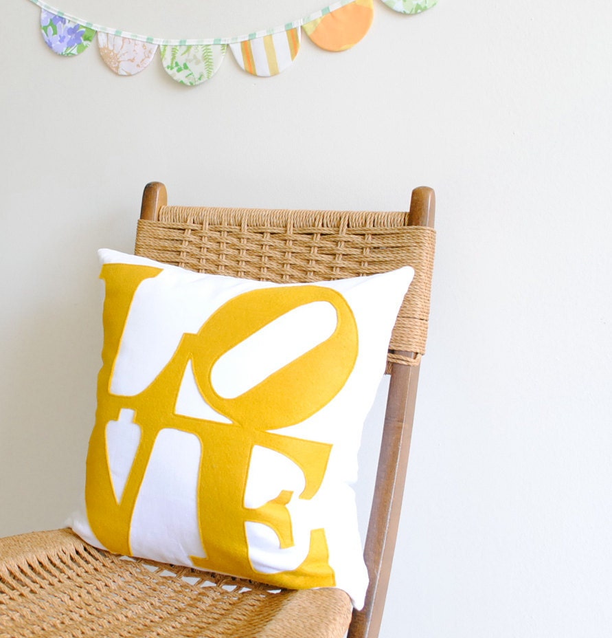 16" LOVE Pillow Cover - White Linen and yellow Felt - by Pillow Factory