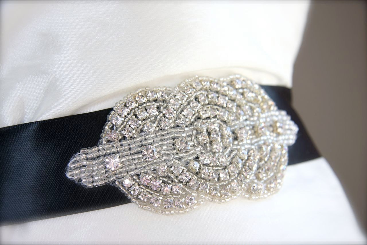 Rhinestone Bridal Sash Black Satin Ribbon Tie, Art Deco Circles Belt, Crystal Rhinestone Bridal Dress Sash