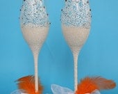 Hand painted Wedding Toasting Flutes Set of 2 Personalized Champagne glasses Lace and orange crystals