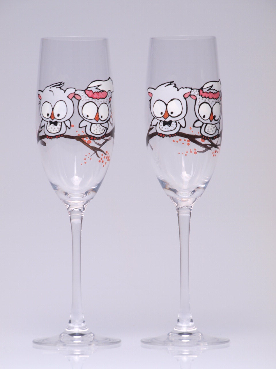 Hand Painted Wedding Toasting Flutes Set Of 2 Personalized Champagne Glasses Wedding Theme Owl On Branch