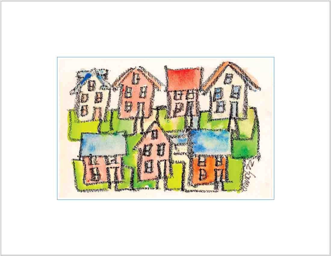 Stylized Fine Art Print - Whimsical Colorful Watercolor Wash of City Neighborhood Houses in  Western New York State