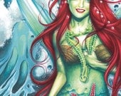 Mermaid Art 9x6" Print - Sirens Kiss Art - Aphrodite - Red Mermaid - Mermaid Print.