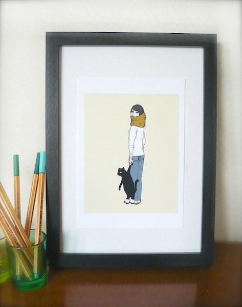 Cat On Roller Skates Drawing, Cute Kitten Yellow Pop Art Print