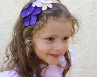Flower Girl Hair accessory, bridesmaids headband,  flowers in deep purple, lavender, champagne and copper brown made of satin and leather