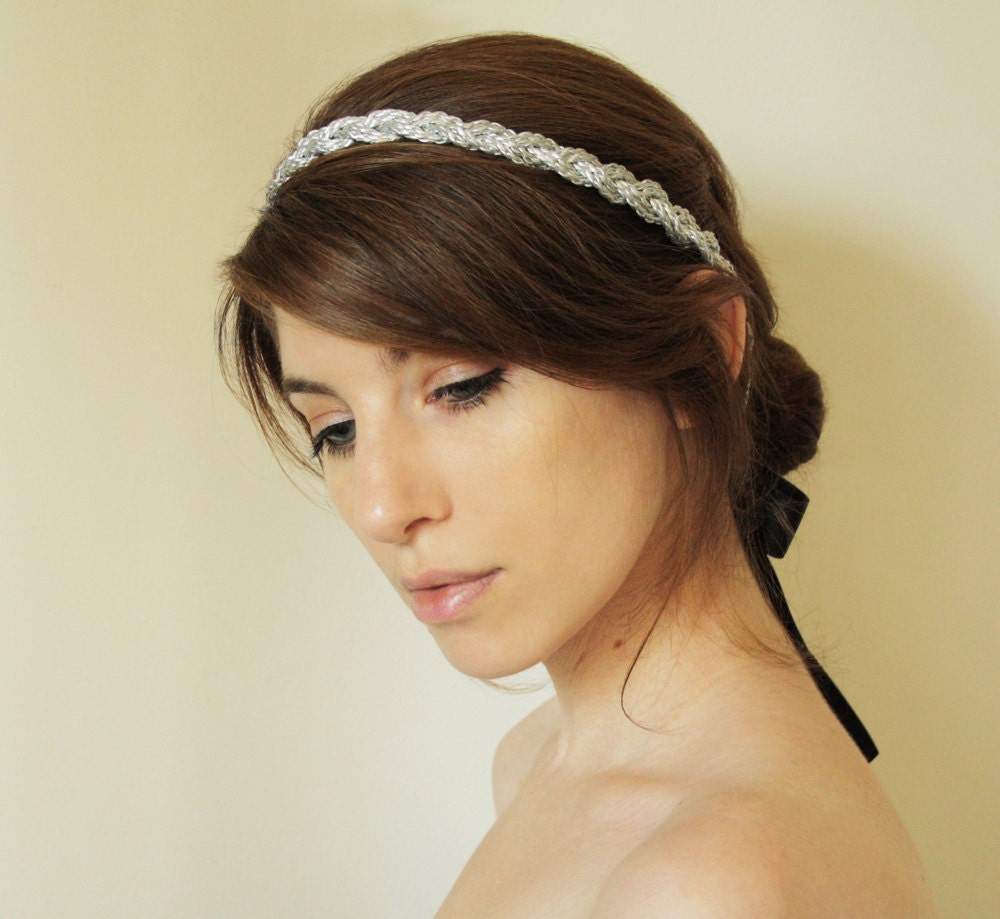 Hair accessory, Silver Braided Head piece & Necklace, Goddess Statement Accessory, Grecian Halo, black ribbon, hair accessories