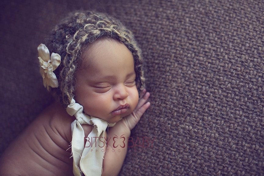 Brown Crochet Newborn Bonnet. Vintage Style. Photo Prop. Twine. Knit Hat. Baby Girl. Boy. Brown and Cream.