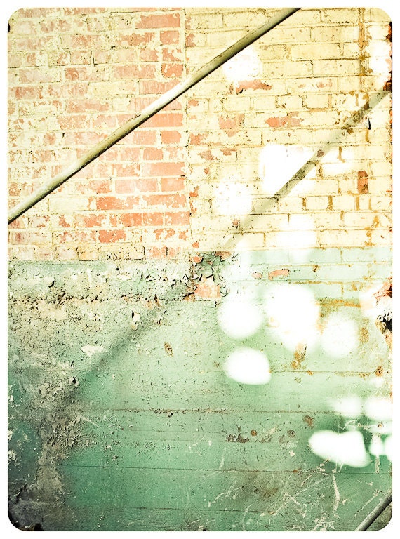 Urban decay Photograph paint peeling celery red sunlight lines brick green age texture mint soft aged Sold your soul 11x14 fine art photo