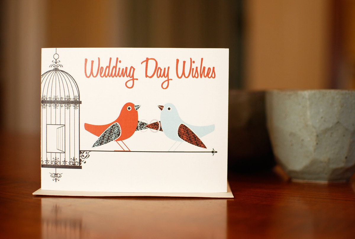 With this Wing I Thee Wed - Wedding Congratulations Card with Aqua & Red Birds on 100% Recycled Paper