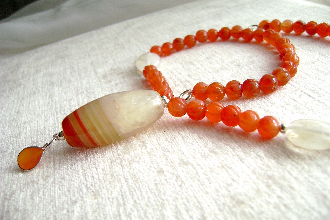 Carnelian Necklace, Red Agate, Gemstone Jewelry, Carved Carnelian, Sardonyx, Hazel Quartz, Sterling Silver, Orange, Persimmon, Pumpkin, Fall