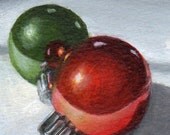ACEO Original Painting ATC Acrylic Still Life of Red and Green Ornaments