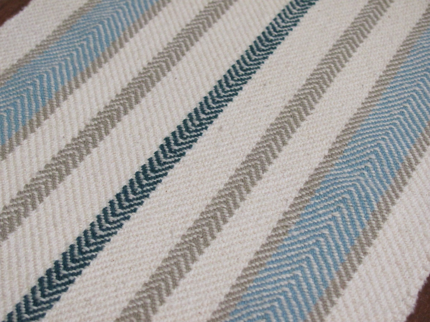 Table Runner, Handwoven Cotton, Ivory, Beige, Turquoise, Emerald Stripe, Seaside Cottage, Spring, Summer Farmhouse Home Decor 8.5"W x 36"L