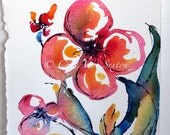 watercolor flower art - hot pink hot orange - Groovy Shabby Chic PEACE flower - original watercolour n ink 7x8