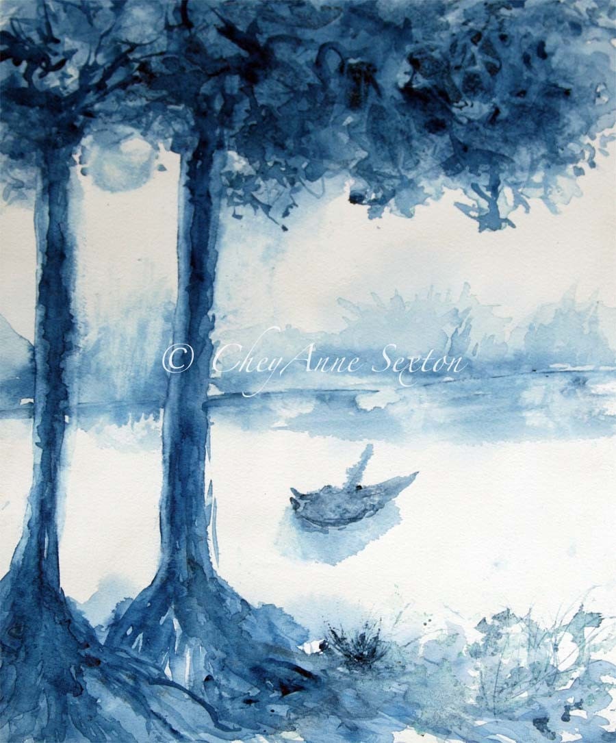 Silhouette Tree Art -  Blue, Antwerp Blu -  Giclee Watercolor print 11x14