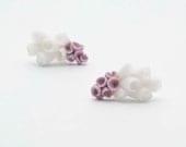 La-Rochelle Stud Earrings With Porcelain Flowers, White and Purple