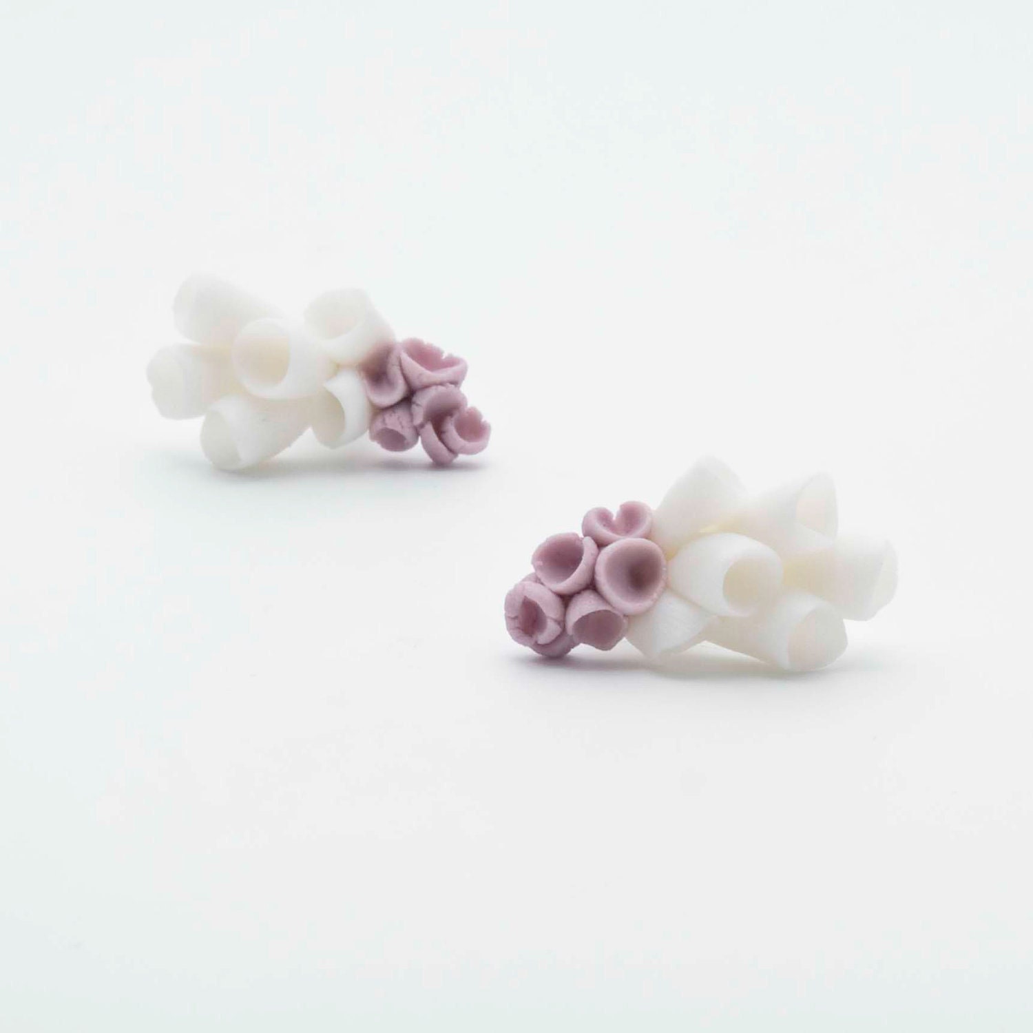 La-Rochelle Stud Earrings With Porcelain Flowers, White and Purple