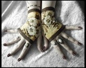 Bekah's Garden Lace Fingerless Gloves - Golden Cream Olive Brown White Floral - Gothic Regency Tribal Steampunk Noir Austen Wedding Romantic