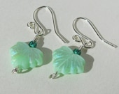 Sterling Silver Earrings w Mint Green Maple Leaf -  AB / Matte Czech Glass - srajd
