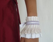 Lilac Lady Cuff - Neo-Romantic White Cotton Ruffle Cuff with Vintage Crocheted Lace andLlilac Leather trim