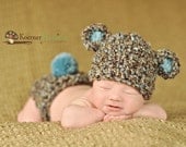 SALE Newborn Baby Boy Brown, Blue and Tan Bear Hat and Diaper Cover Crochet Set, Great for Photo Prop