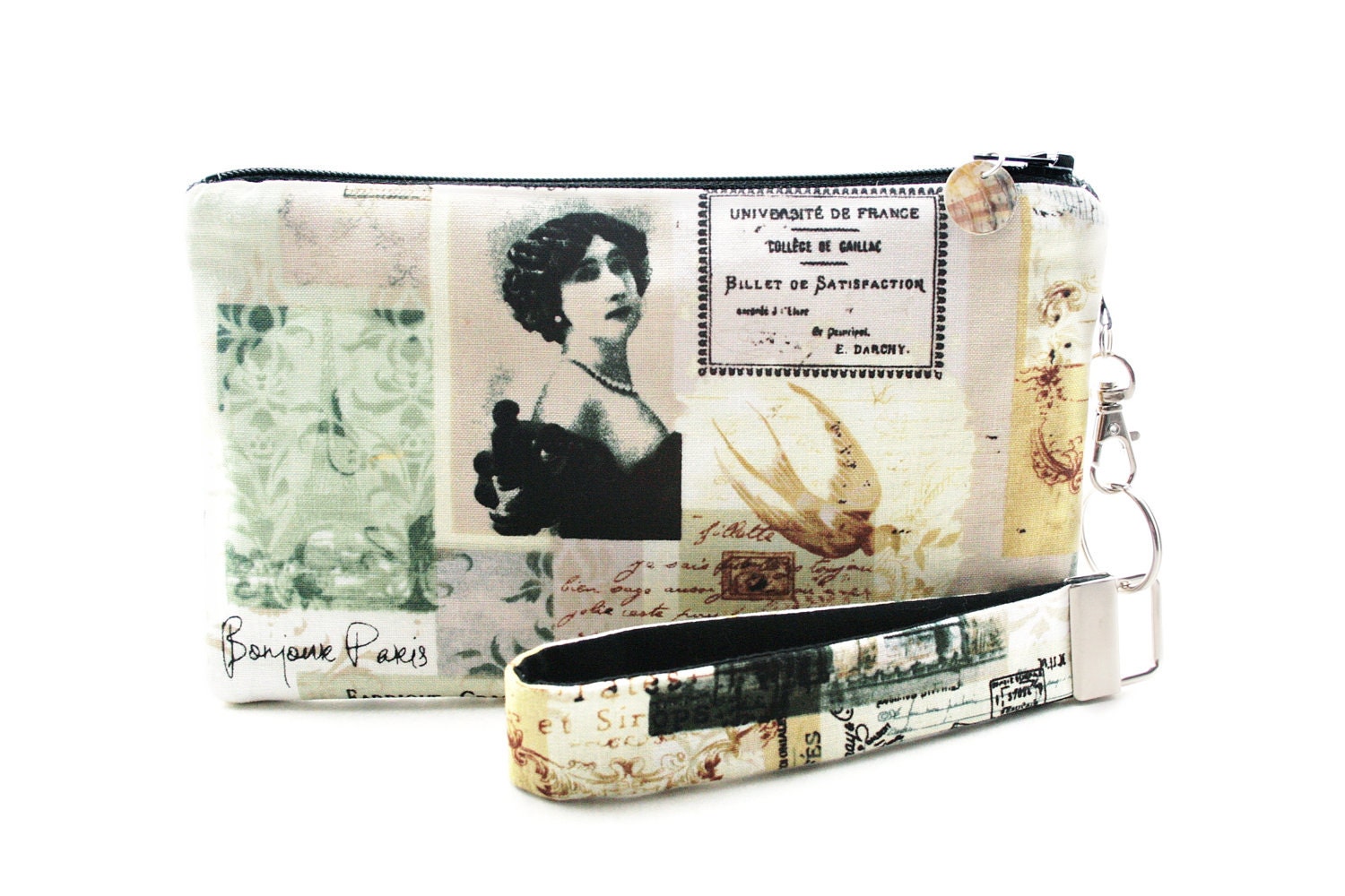 Rusitc Paris wristlet / makeup case / small clutch / zipper pouch & detachable key fob gift set for women  in antique Victorian style fabric