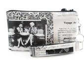 French cafe wristlet / fabric clutch / Paris purse / zipper pouch & detachable key fob gift set for women features 1930s Paris