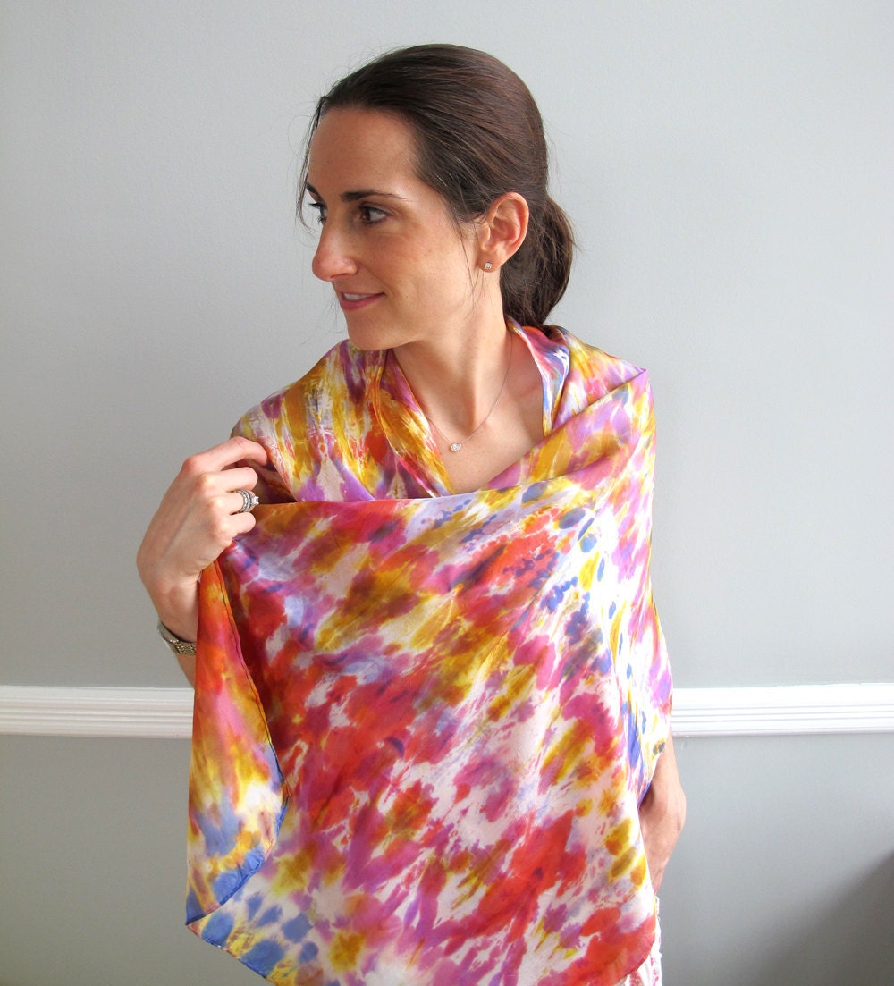 100% Silk Shawl Wrap / Scarf Shibori Dyed  in Coral Colors