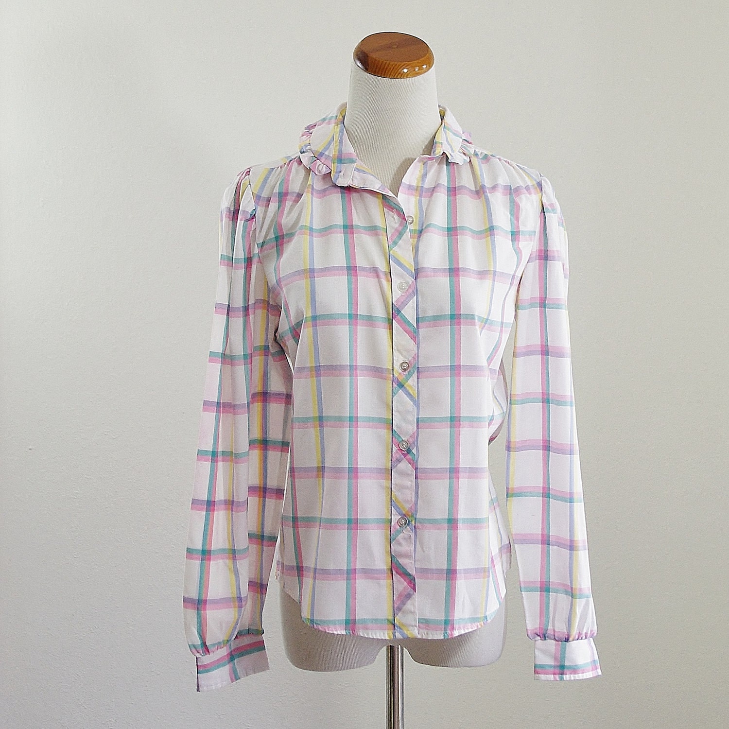 Vintage Button Down Blouse -- 80's Pastel Plaid -- Pink, Teal, Purple & Yellow -- Medium